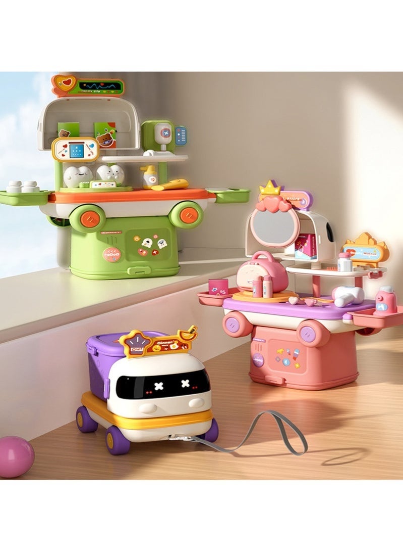 Hihonor Kids' Pull-String Cart Playset with Medical Makeup Station & Storage – Interactive Multifunctional Cooking and Baking Toy for Youngsters, Plastic, Educational Role-Playing Game (Purple) - Image 3